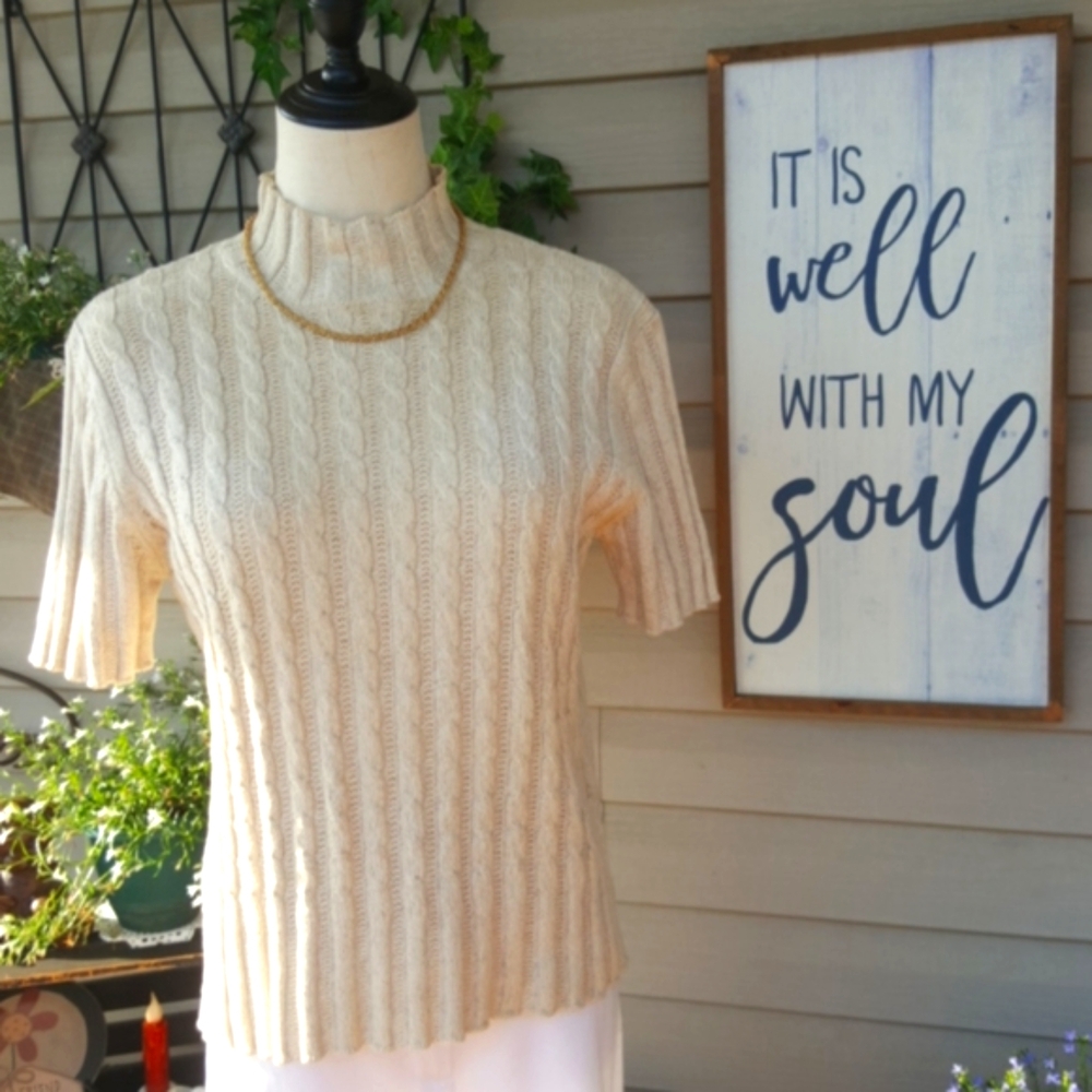 TALBOTS PETITE ♡ Gorgeous Beige High Neck Cable Knit Short Sleeve Sweater Top MP